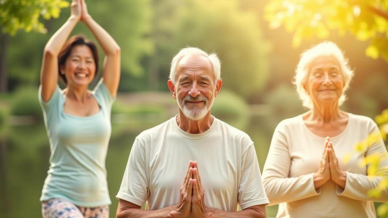 환하게 웃고 요가, 명상, 자연 속 산책 등 다양한 웰니스 활동에 참여하는 활기찬 시니어들의 콜라주 이미지