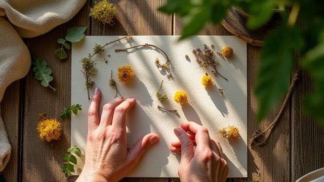 숲에서 찾은 나뭇잎과 꽃으로 만든 콜라주 작품