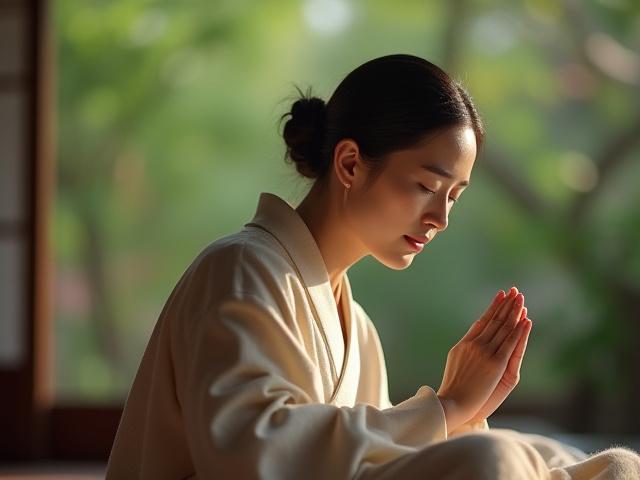 고요한 산사에서 명상하는 중년 여성