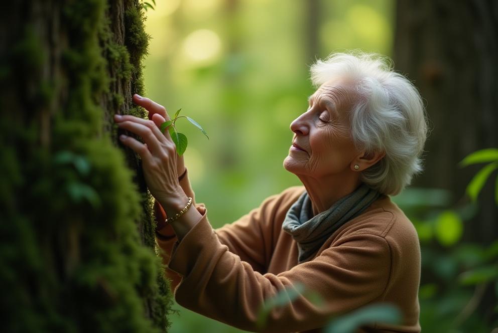 숲속에서 눈을 감고 냄새를 맡는 사람
