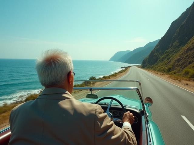은퇴한 아버지가 남해안 해변 도로를 여유롭게 운전하며 미소 짓는 모습