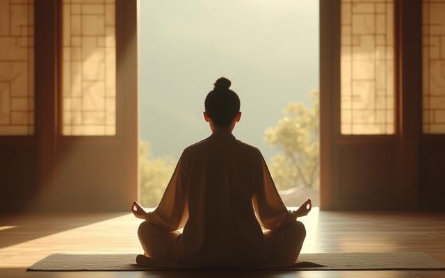 산사에서 명상하는 모습