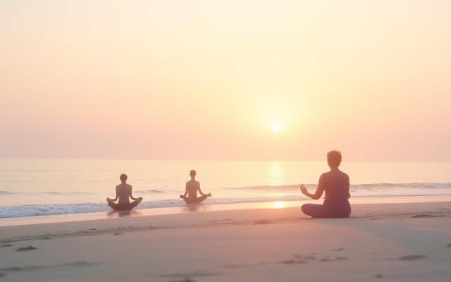고요한 해변에서 요가하는 사람들